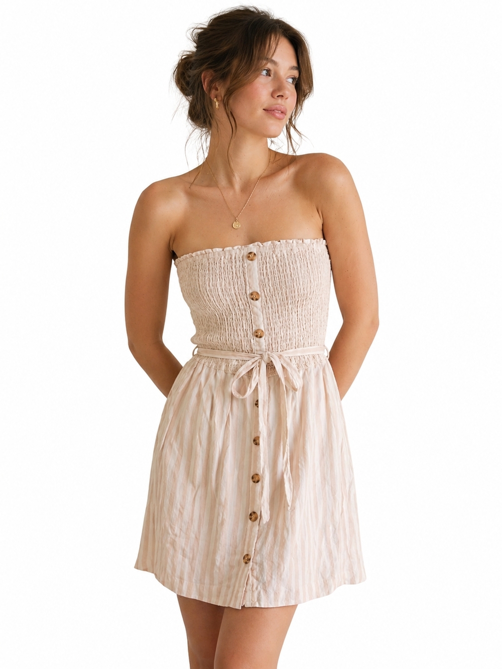 Abercrombie & Fitch Strapless Mini Dress Small Beige Smocked Button Front Pocket